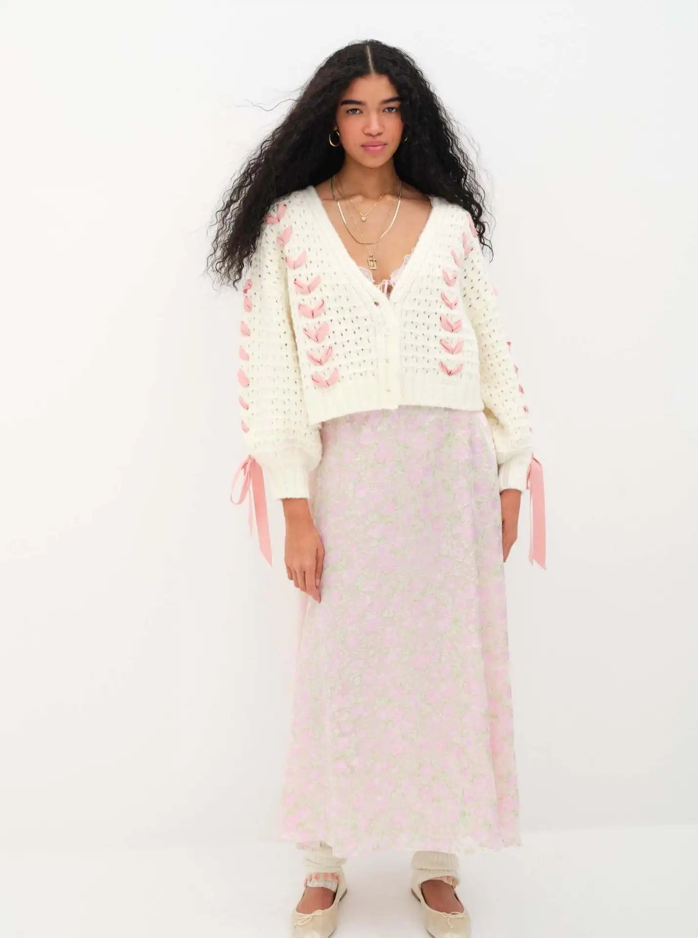 V-neck lace up hollow knit cardigan top sweater jacket for women