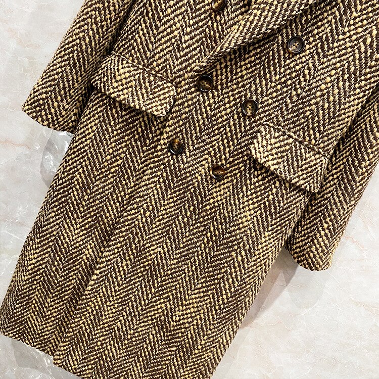New Retro Herringbone Mohair Coat Women's Woolen Tweed Over The Knee Suit Collar Long Coat