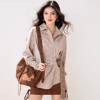 Thousand bird plaid waistband shirt for women's spring new design, retro loose long sleeved shirt top
