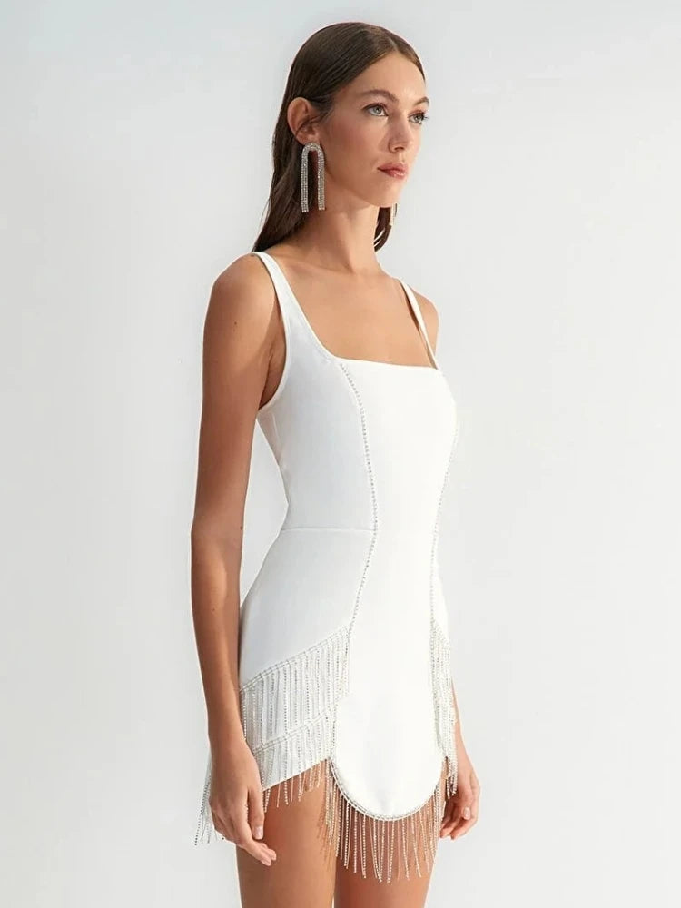 Heavy Industry Diamond Tassel Sleeveless Square Neck Bandage Dress Small Dress