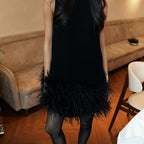 Ostrich Feather A-Line Dress Unique Design Stand Collar Sleeveless Solid Color Dress