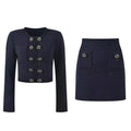 Chic Navy Blue Double-Breasted Lurex Knit Cardigan and Skirt Set
