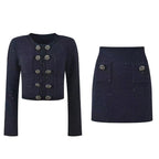 Chic Navy Blue Double-Breasted Lurex Knit Cardigan and Skirt Set