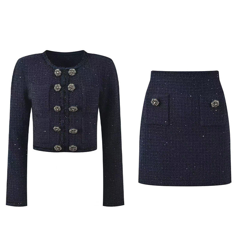 Chic Navy Blue Double-Breasted Lurex Knit Cardigan and Skirt Set