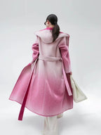 Fashion Women's Woolen Coat Hooded Buttonless Lace-up Straight Two-sided Gradient Mid-calf Overcoat