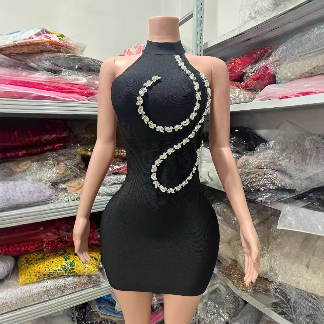 Strapless Rhinestone Chain Bandage Dress Evening Gown
