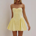 Summer Women's Spicy Sexy Halter Neck Yellow Summer Mini Dress Slim Backless Waist-Cinching Design Sense