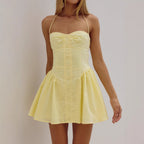 Summer Women's Spicy Sexy Halter Neck Yellow Summer Mini Dress Slim Backless Waist-Cinching Design Sense