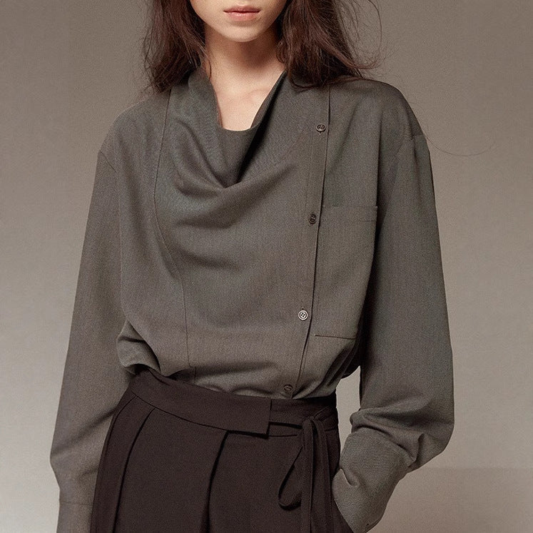 Vintage Loose Drape Neck Asymmetrical Design Long Sleeve Shirt Blouse for Women, TR Fine Diagonal Comfortable Autumn Style