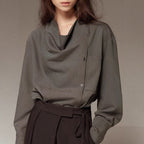Vintage Loose Drape Neck Asymmetrical Design Long Sleeve Shirt Blouse for Women, TR Fine Diagonal Comfortable Autumn Style