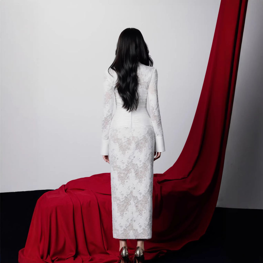 White lace embroidered long sleeved dress for women