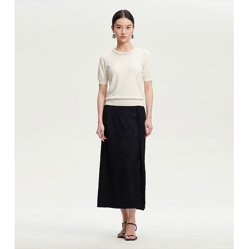 Fashion Embellished Beaded Round Neck Solid Color Knit Short Sleeve T-Shirt for Women Summer Stylish Slim Fit Top