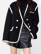 Vintage Coats For Women V Neck Long Sleeve Patchwork Single Breasted Casual Coat Female Fashion Clothing