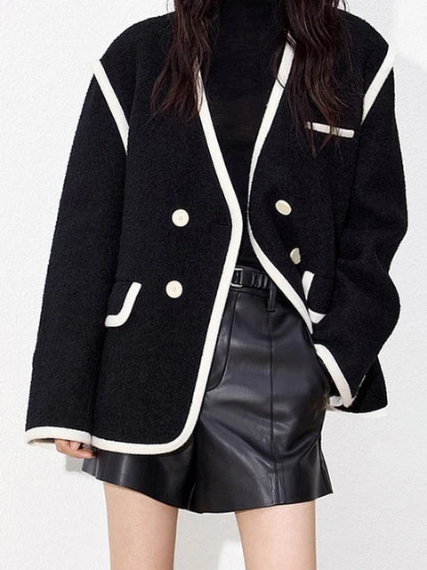Vintage Coats For Women V Neck Long Sleeve Patchwork Single Breasted Casual Coat Female Fashion Clothing