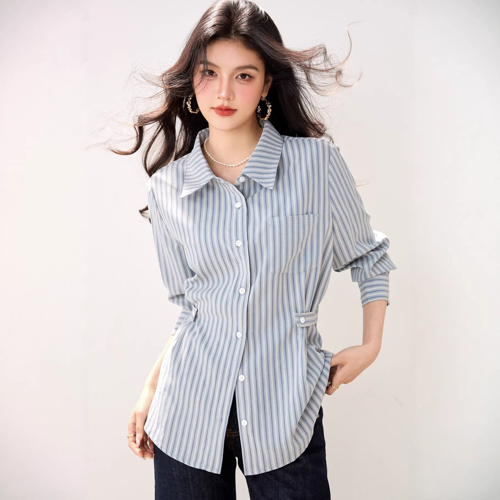 Blue Striped Polo Neck Shirt for Women  Long Sleeve, Casual Design