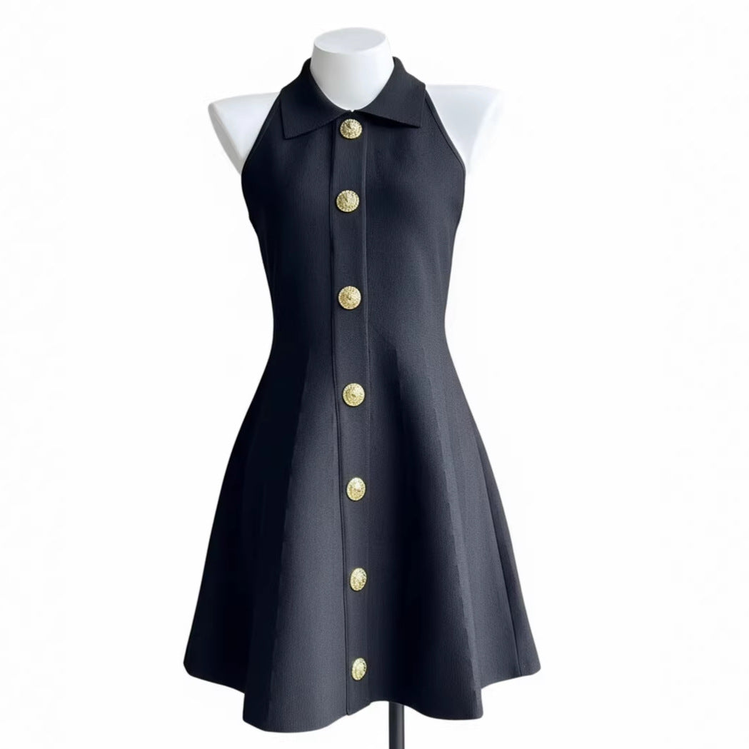 Elegant Sleeveless A-Line Dress with Notched Collar and Fitted Waist, Chic Petite Design
