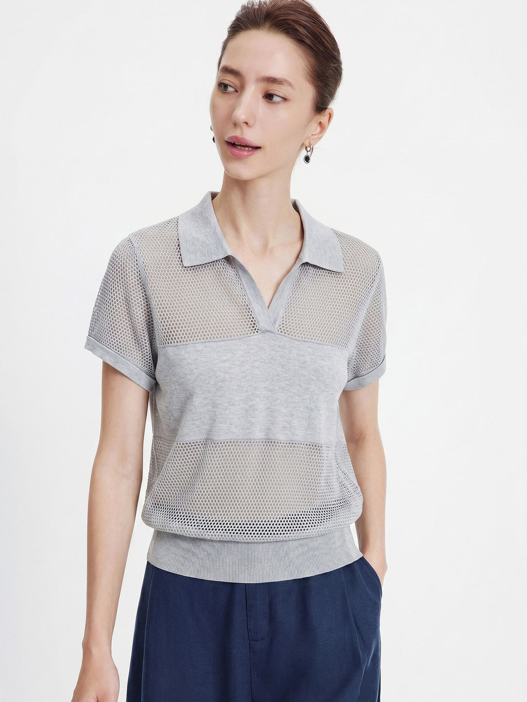 Hollow out breathing design spliced V-neck polo shirt, summer loose short sleeved knit shirt