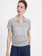 Hollow out breathing design spliced V-neck polo shirt, summer loose short sleeved knit shirt