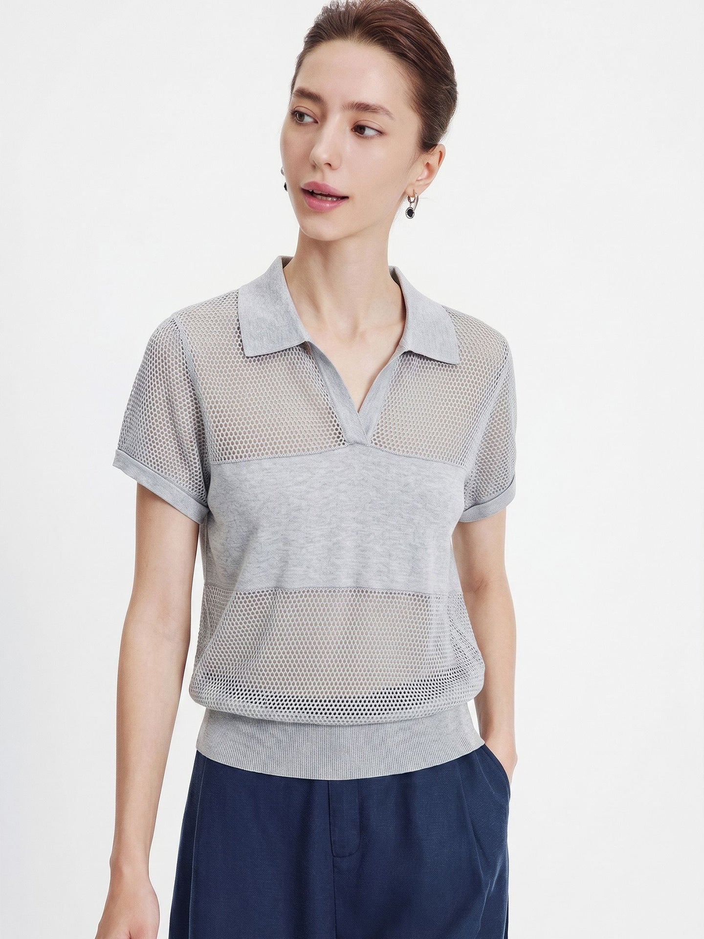 Hollow out breathing design spliced V-neck polo shirt, summer loose short sleeved knit shirt