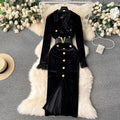 Yujie retro long sleeved gold velvet dress for women, high-end light luxury temperament, suit collar, cinched waist, metal buckle