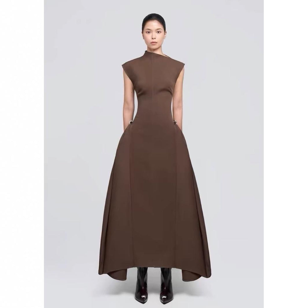 Solid Color Sleeveless A-Line Maxi Dress for Women, High Waist, Elegan
