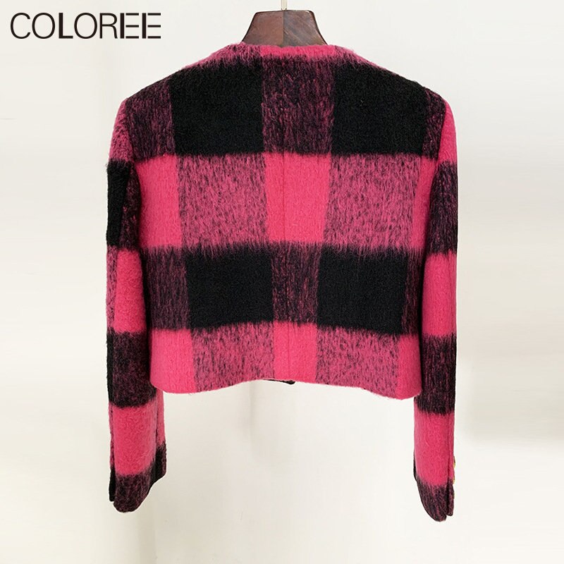 Pink Plaid Women Jacket 2023 Autumn Winter Luxury Gold Buttons Wool & Blends Coat Korean Fashion O-neck Short Chaqueta Mujer