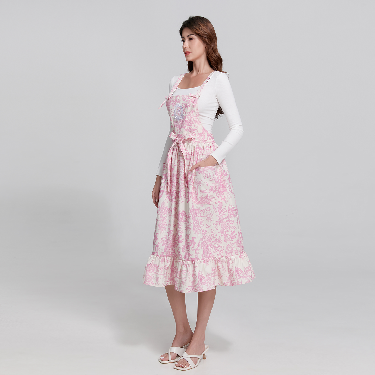 French Toile de Jouy Premium Cotton Apron with Embroidered Royal Emblem