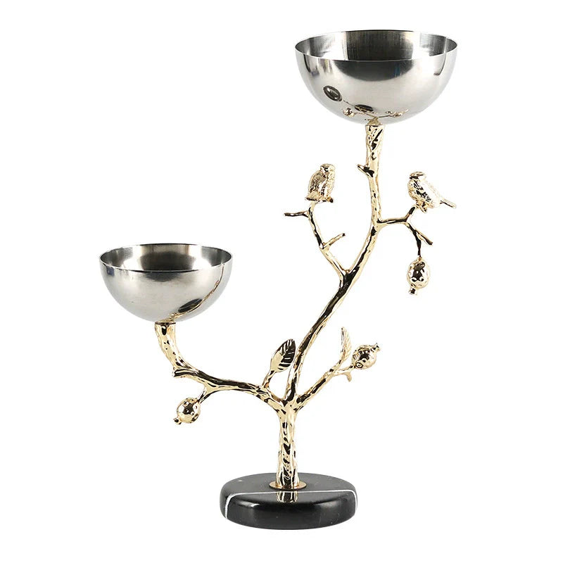 Luxury Bird Branch Decorative Bowl Stand – Dual Stainless Steel Bowls with Golden Tree Design