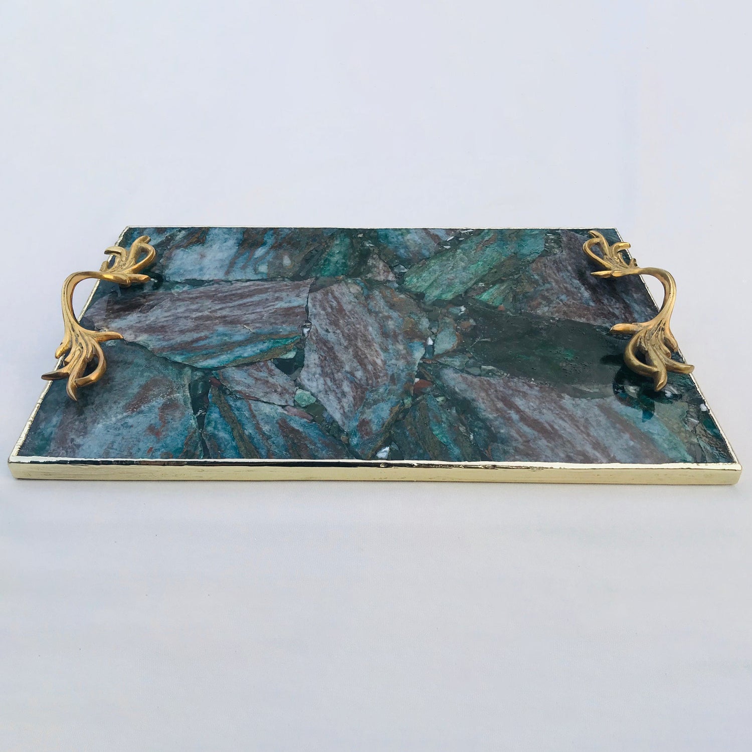 Green Aventurine Agate  Serving Tray With Brass Handles