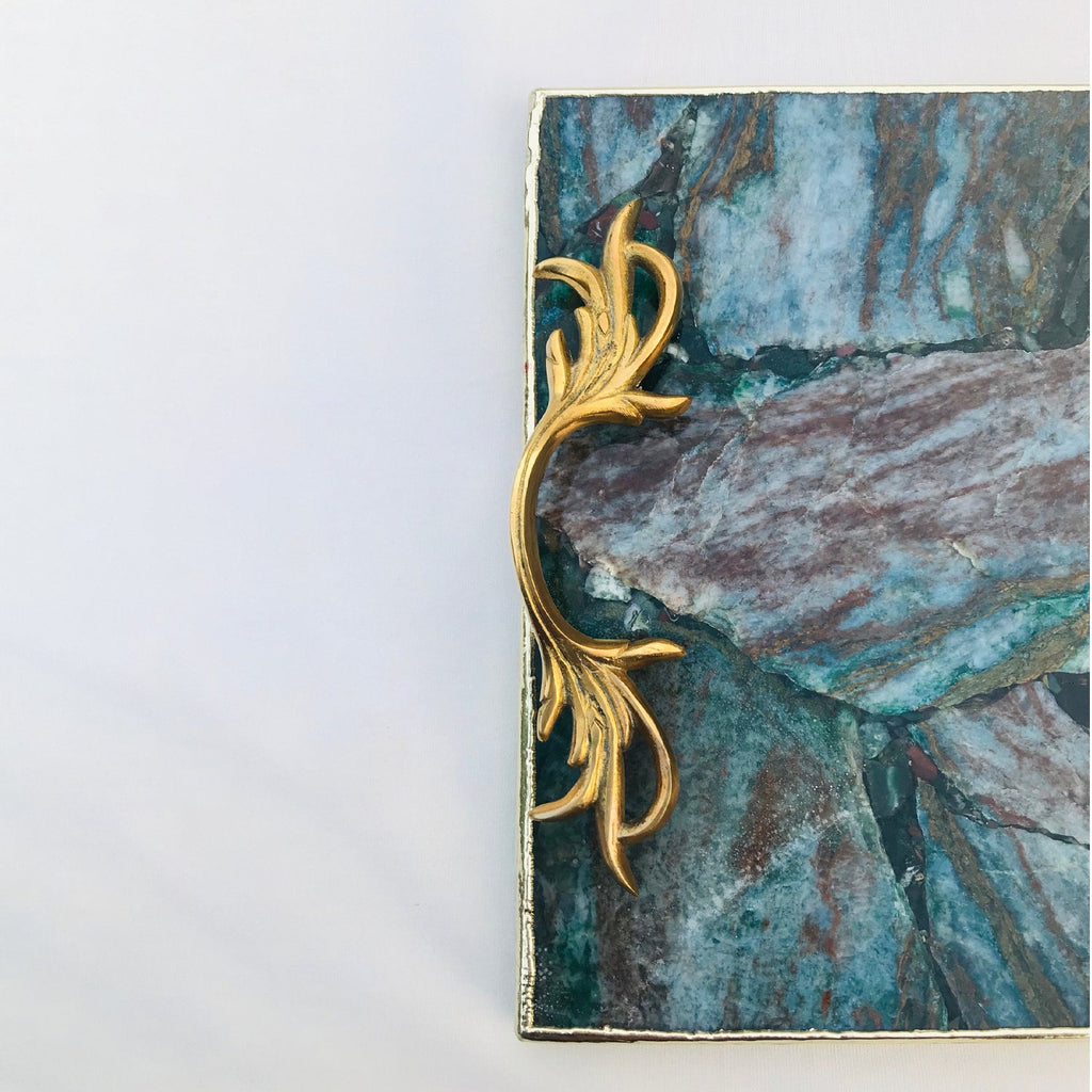 Green Aventurine Agate  Serving Tray With Brass Handles