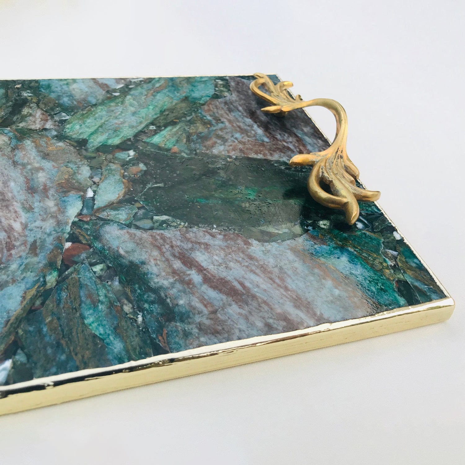 Green Aventurine Agate  Serving Tray With Brass Handles