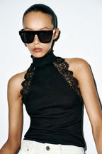 Versatile lace ribbed T-shirt