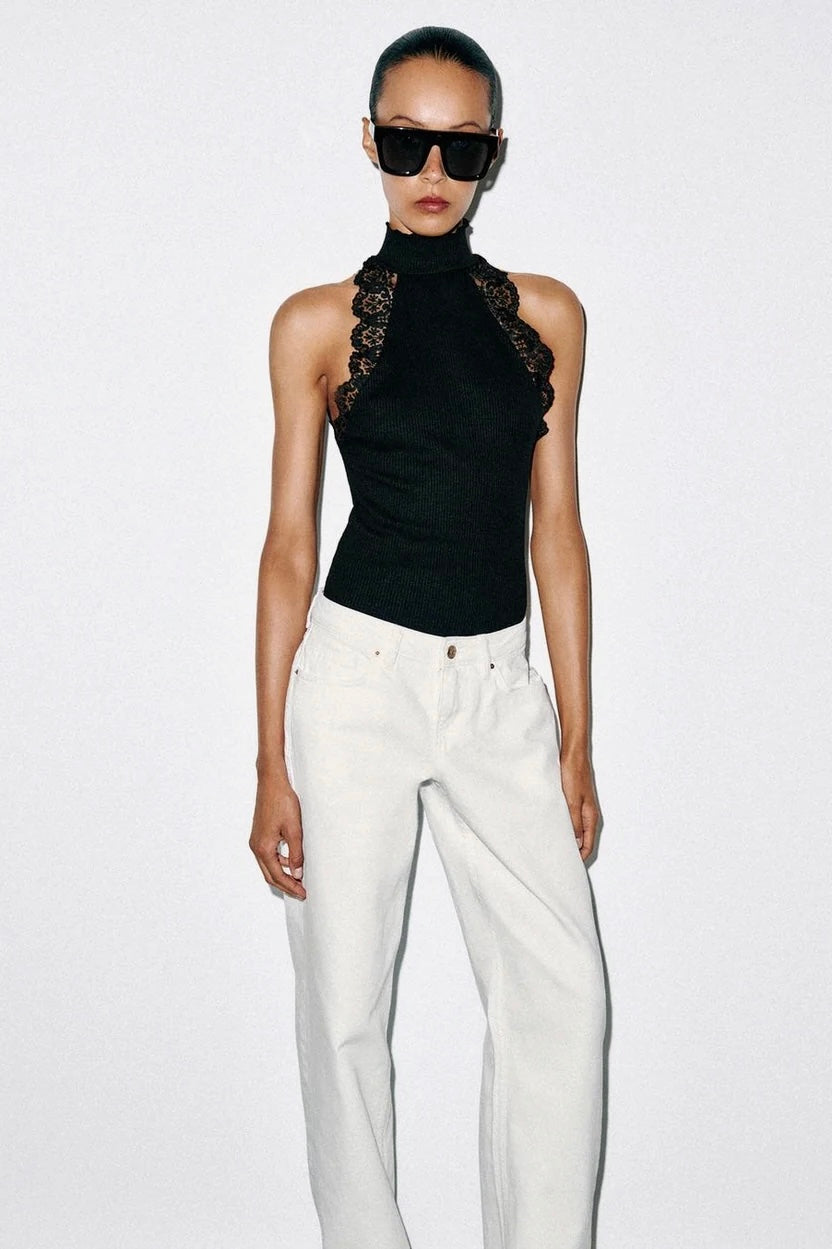Lace ribbed T-shirt