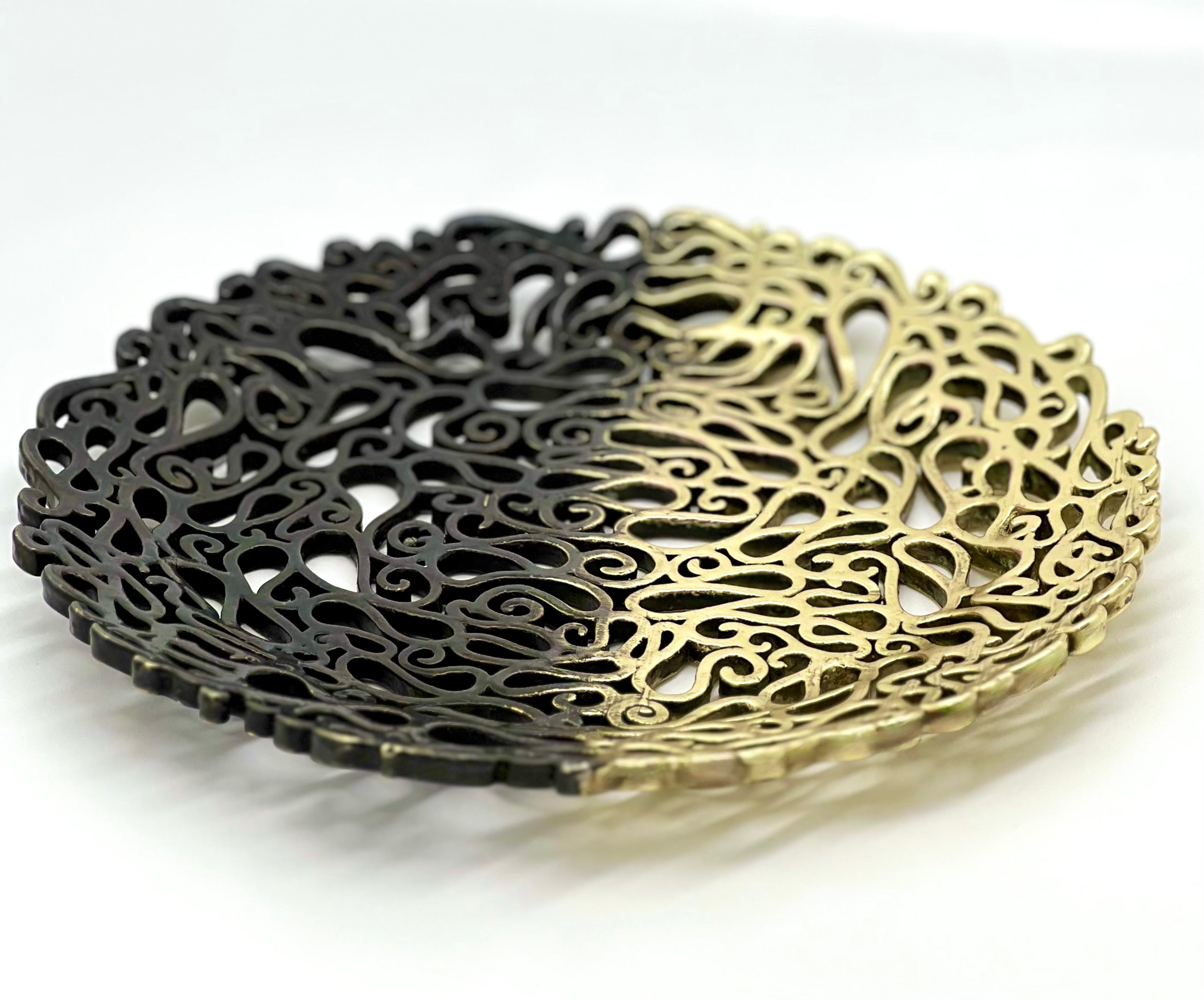 Lace Inspired Decorative Tray – Electro-formed Filigree Decor Dish, Fossil Style Art Tray in Gold and Antique Ombre Finish