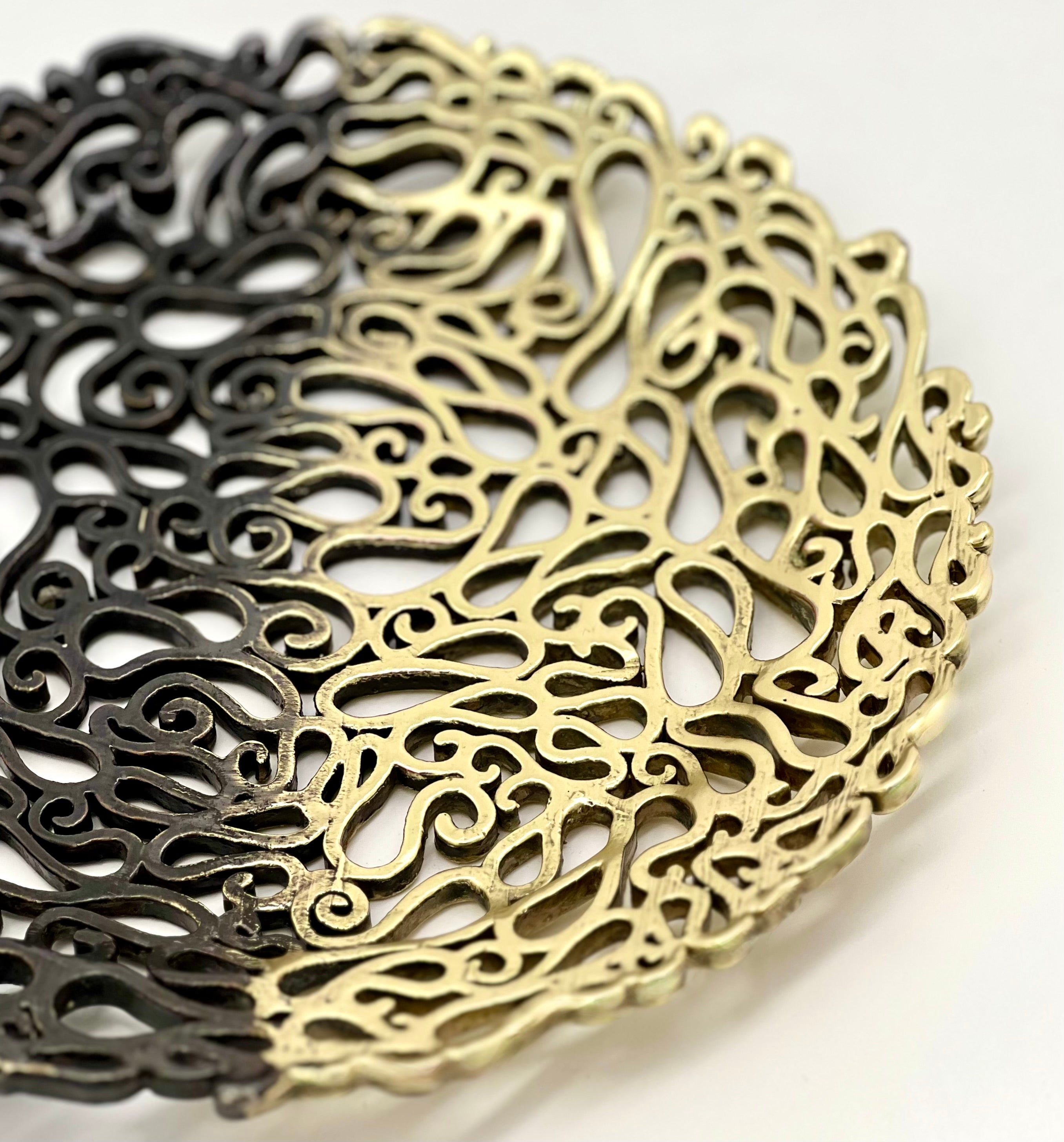 Lace Inspired Decorative Tray – Electro-formed Filigree Decor Dish, Fossil Style Art Tray in Gold and Antique Ombre Finish