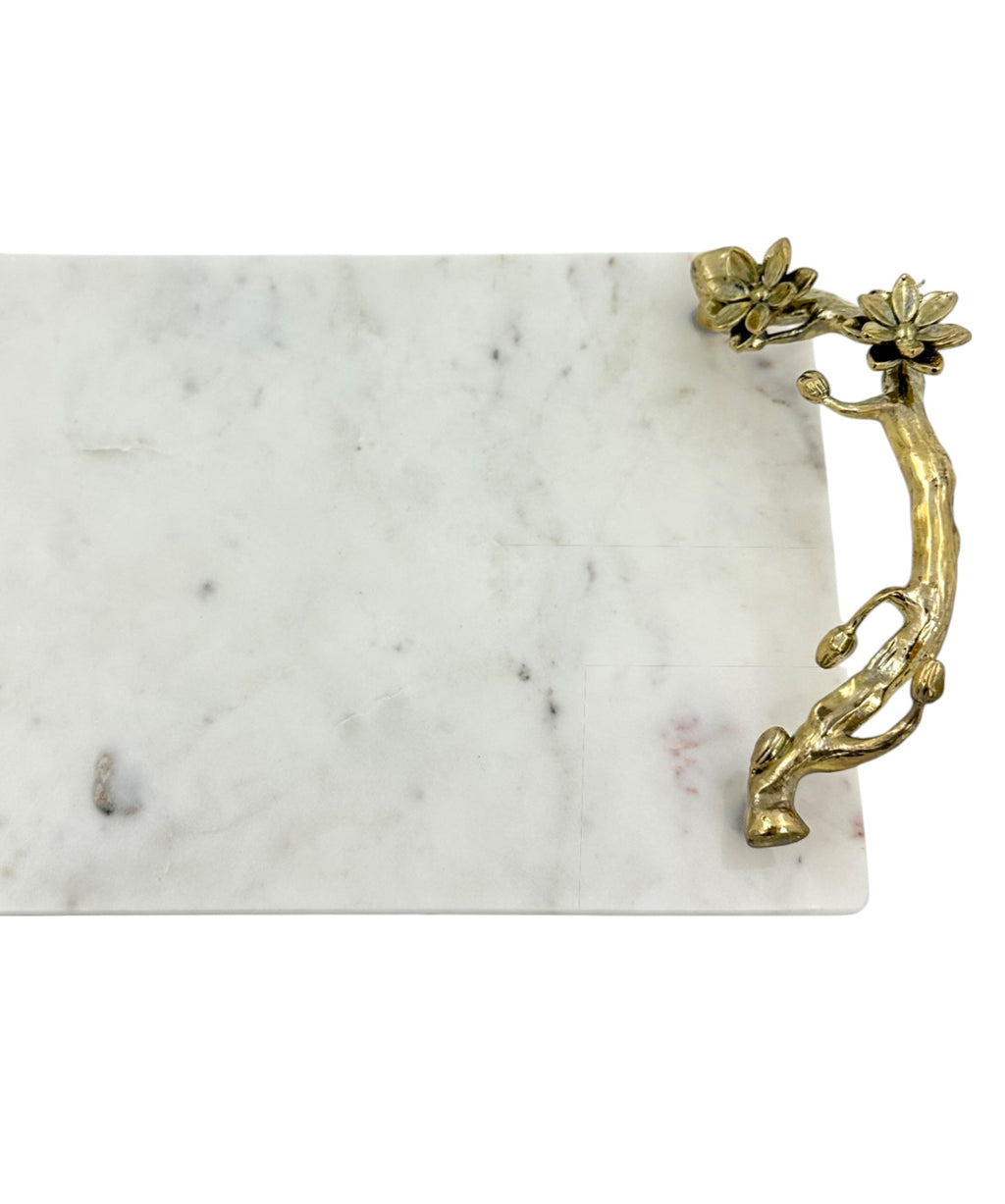 White Marble Tray with Gilded Floral Handles
