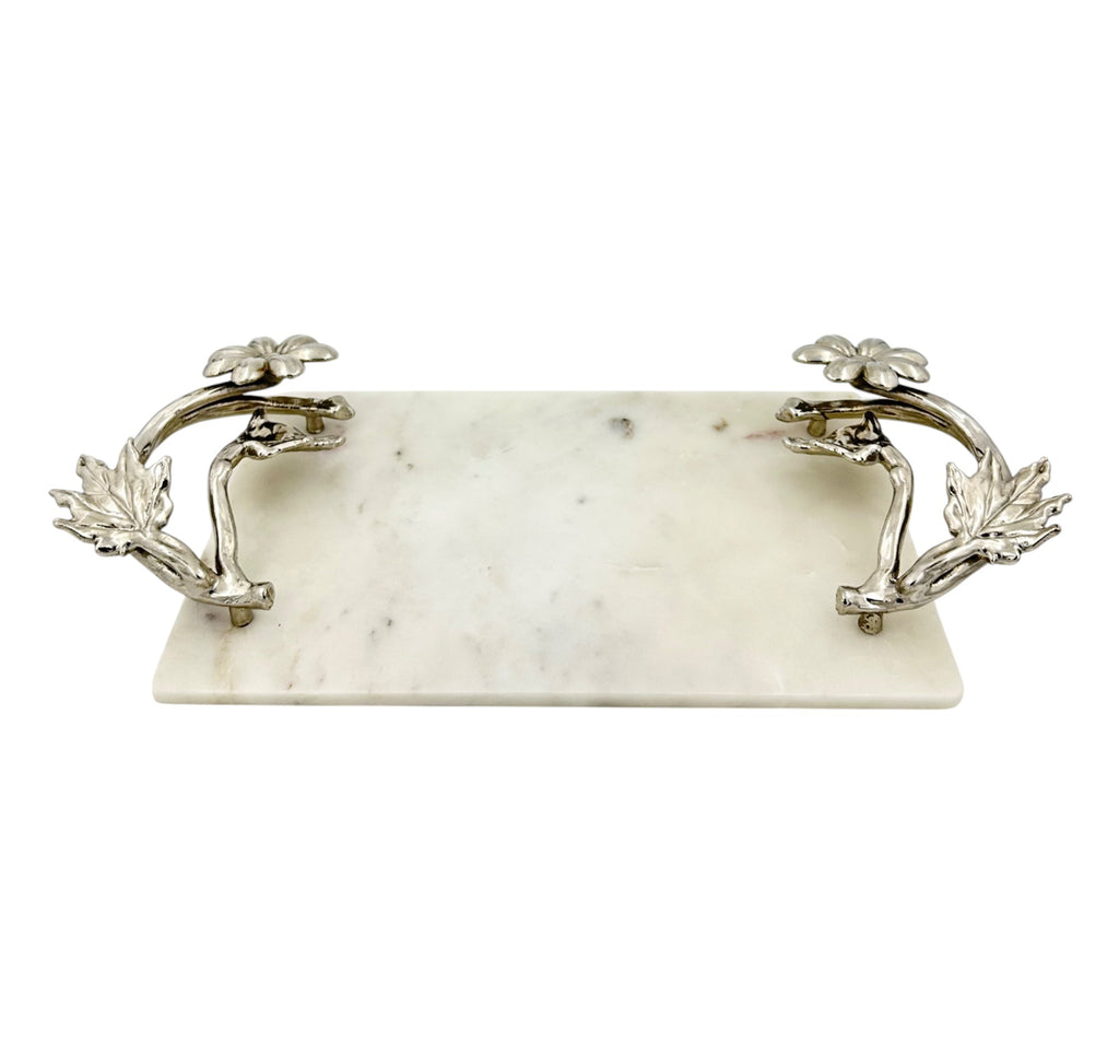 White Marble Tray with Gilded Floral Handles