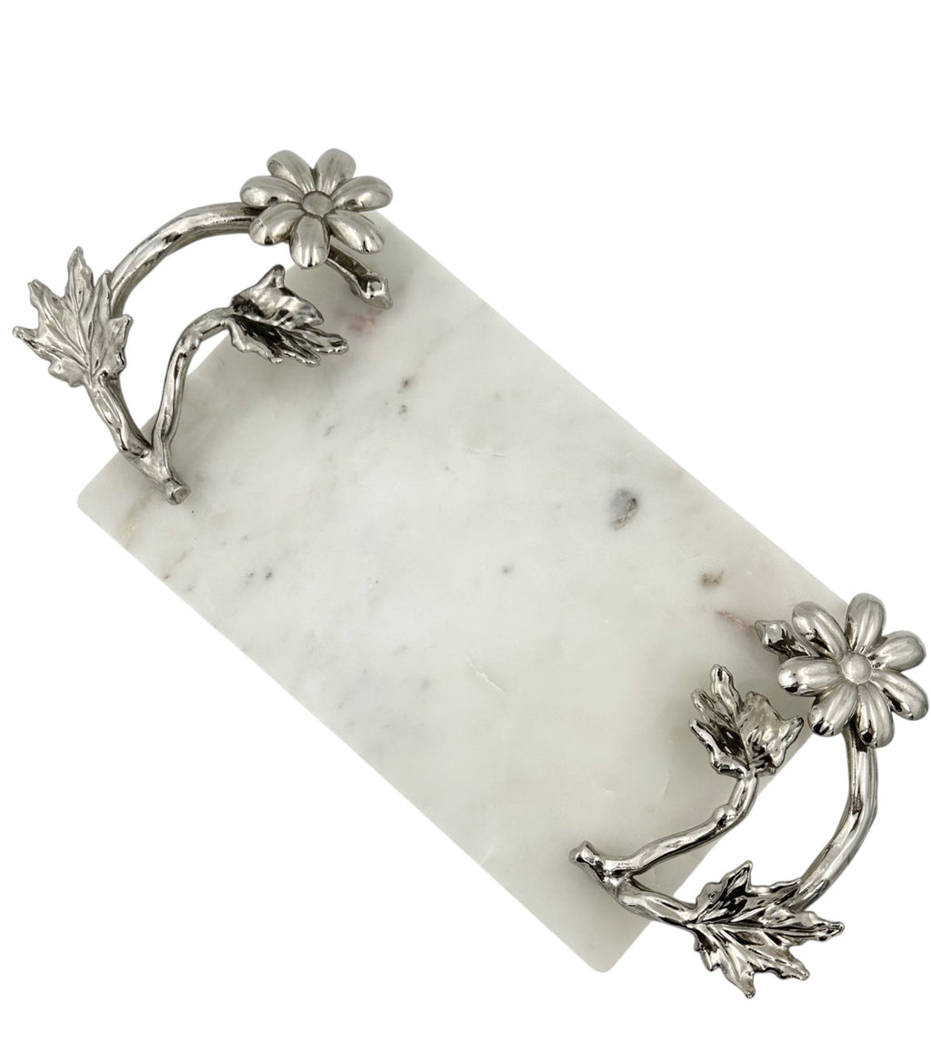 White Marble Tray with Gilded Floral Handles