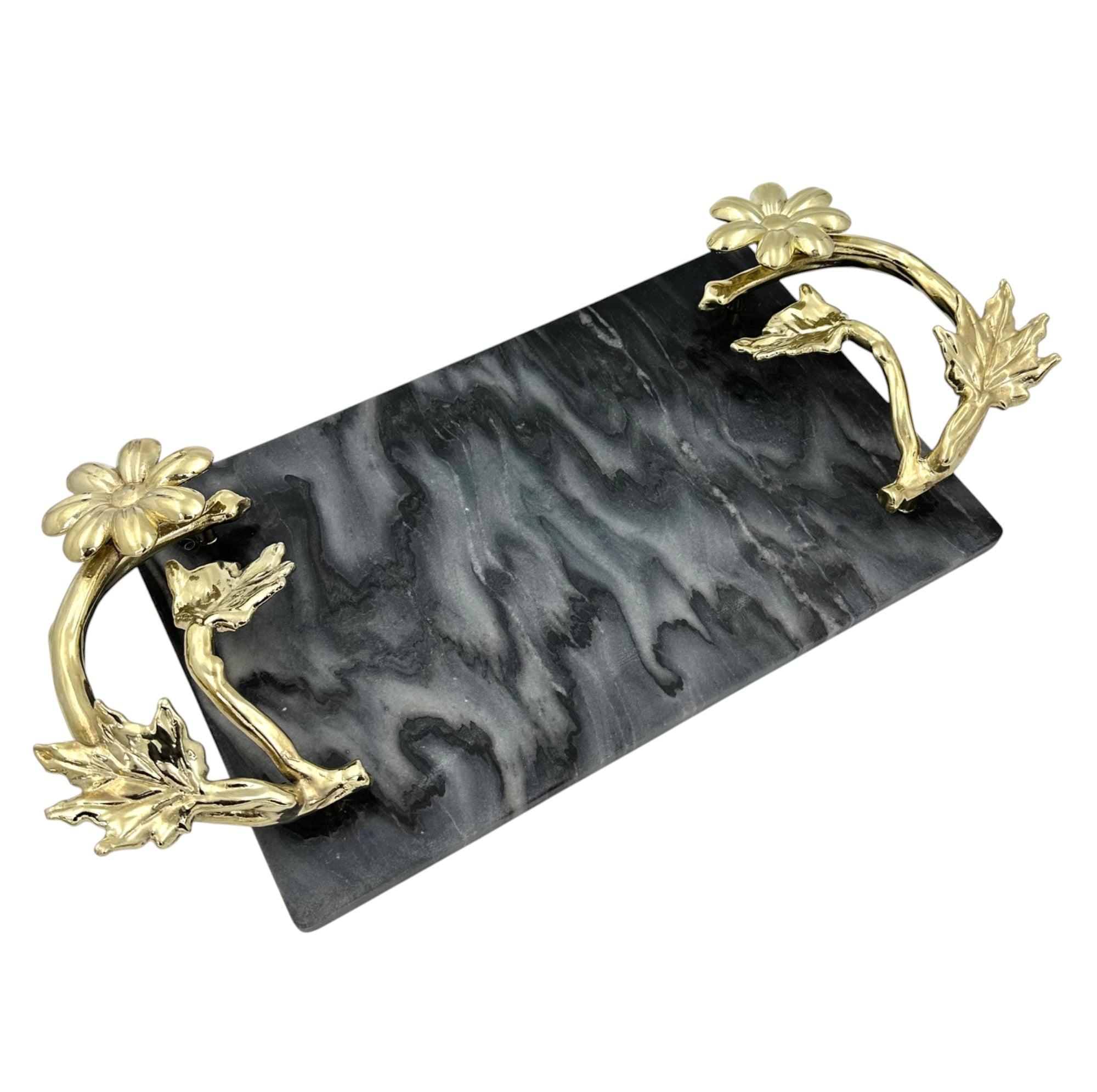 Black Marble Tray with Gilded Floral Handles