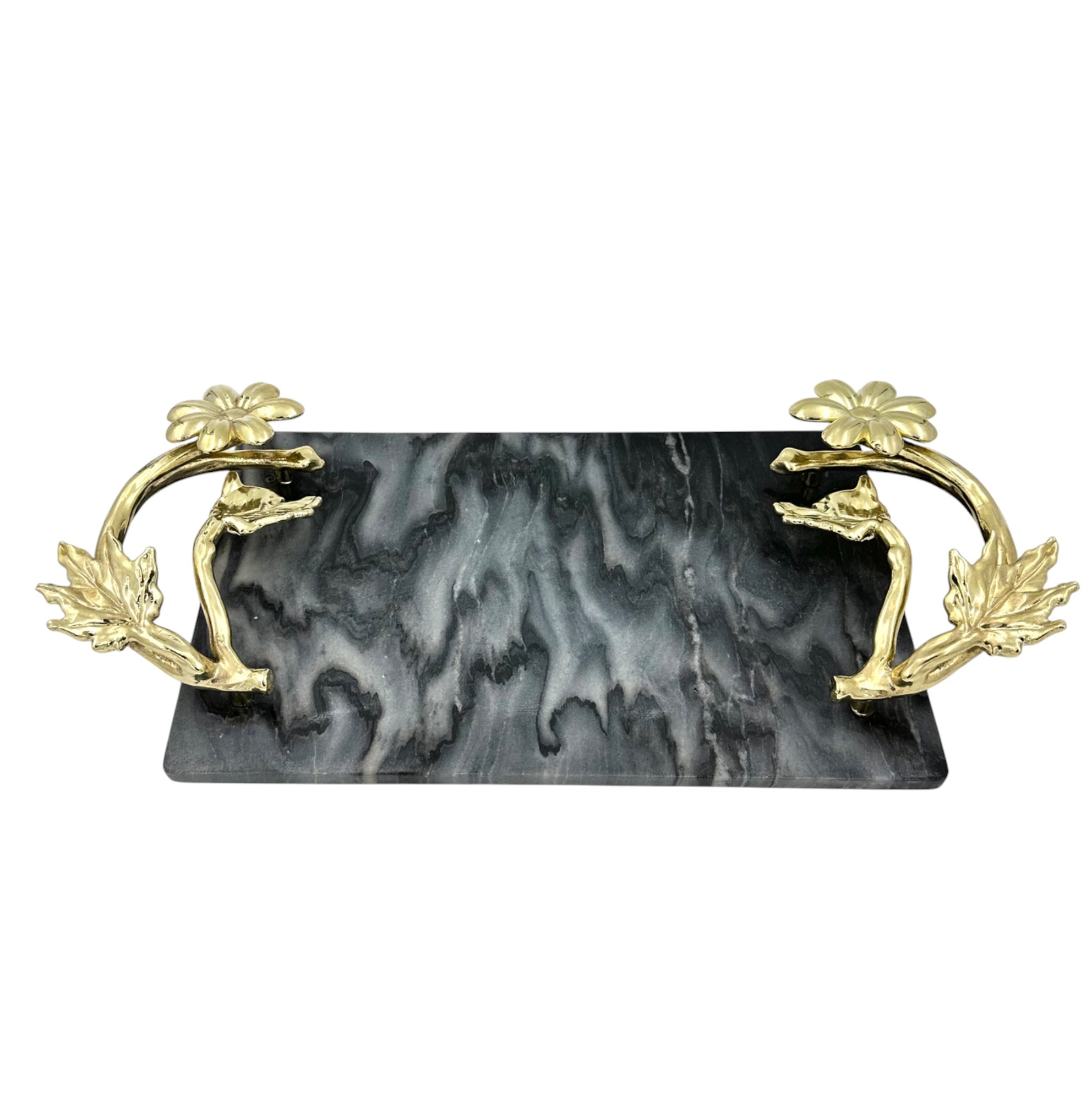 Black Marble Tray with Gilded Floral Handles