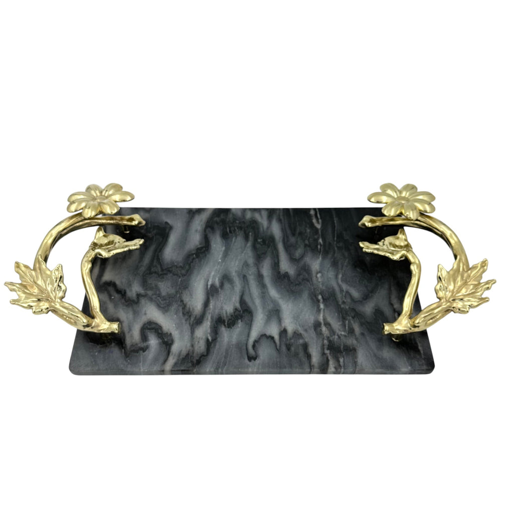 Black Marble Tray with Gilded Floral Handles