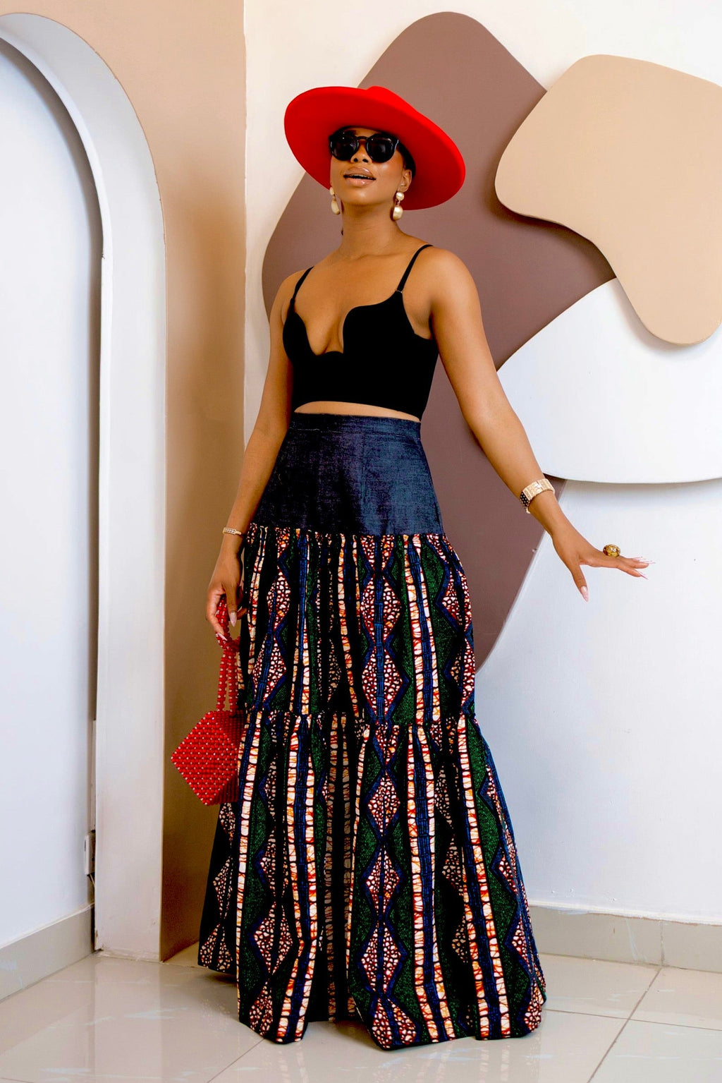Adventurous Ankara Denim Maxi Skirt-1