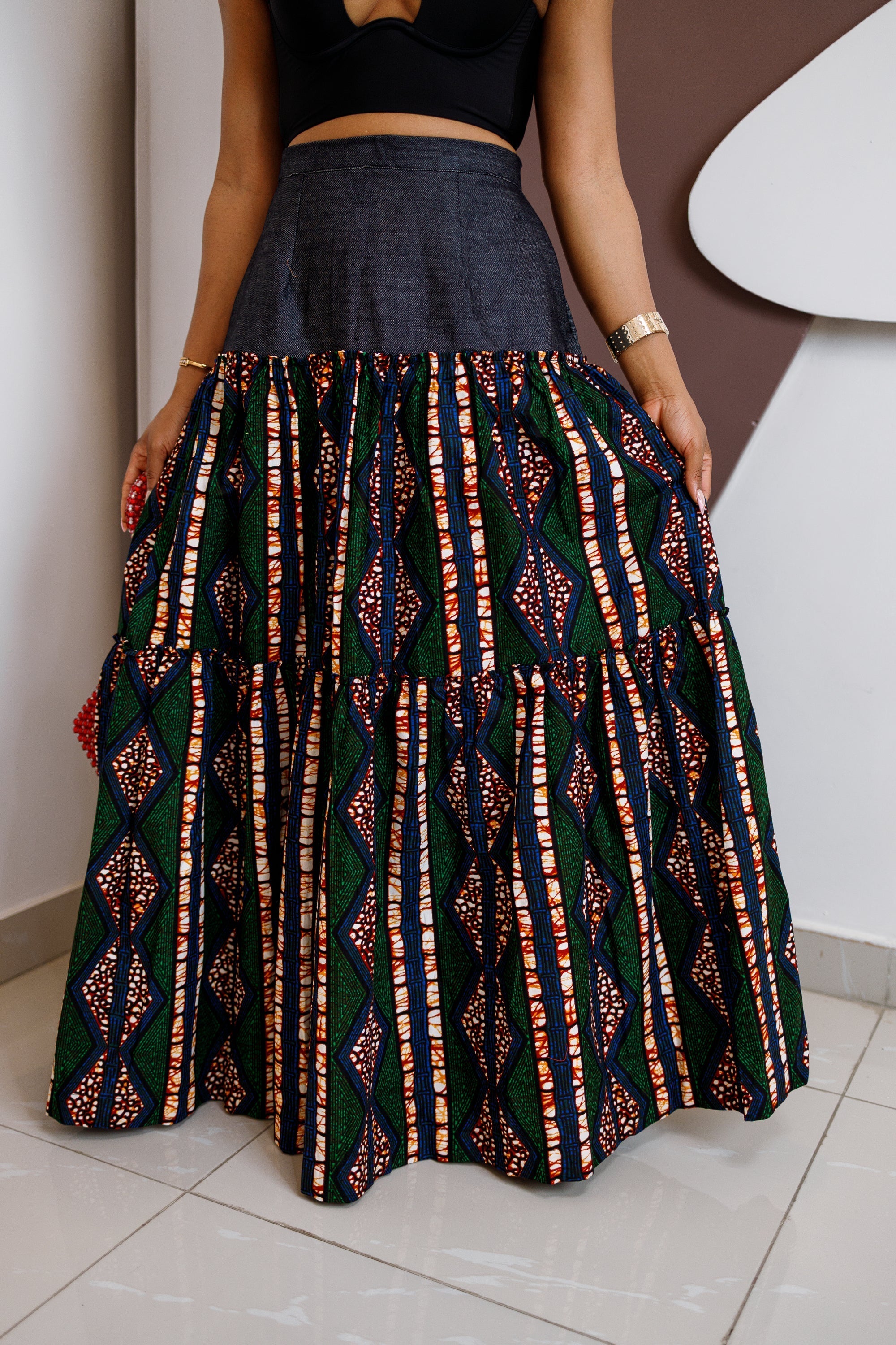 Adventurous Ankara Denim Maxi Skirt-4