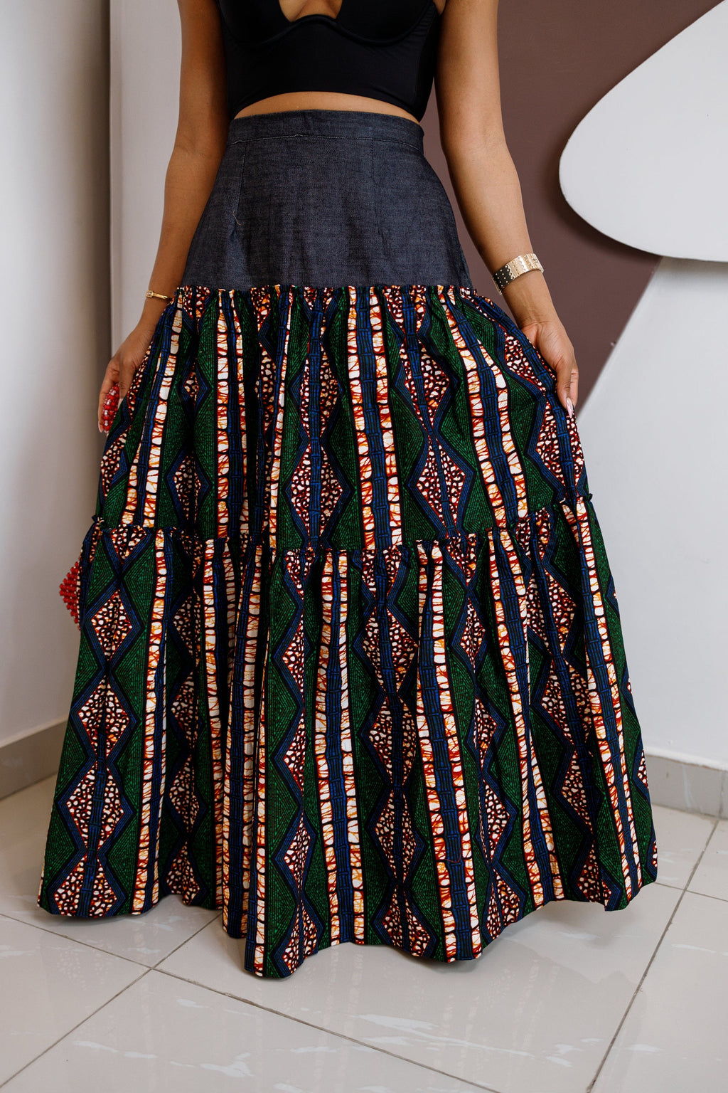 Adventurous Ankara Denim Maxi Skirt-2