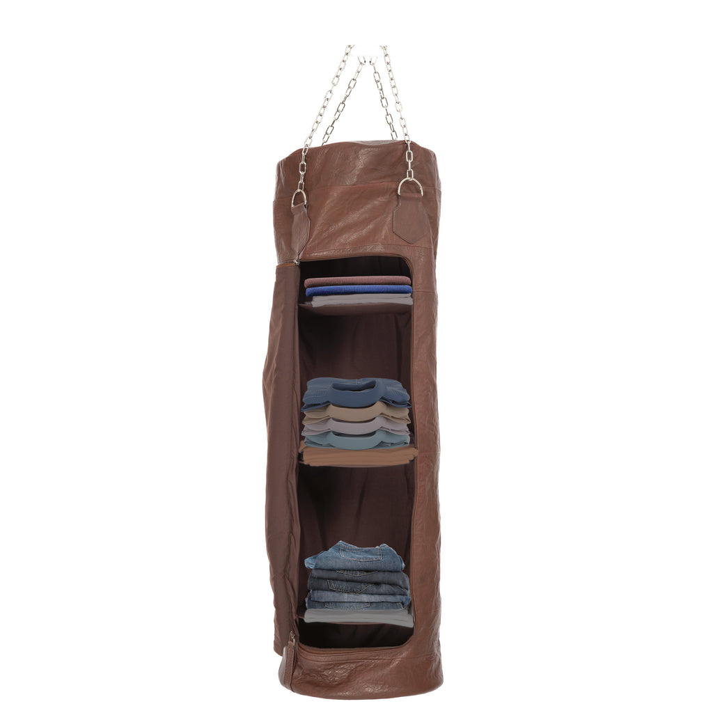 K0036BB | Boxing Bag Container made of Genuine Leather, full grain, ruffled - Dark Head Color - Polished Nickel Accessories. Dimensions: 35 x 35 x 120 cm - Packaging: Tnt bag