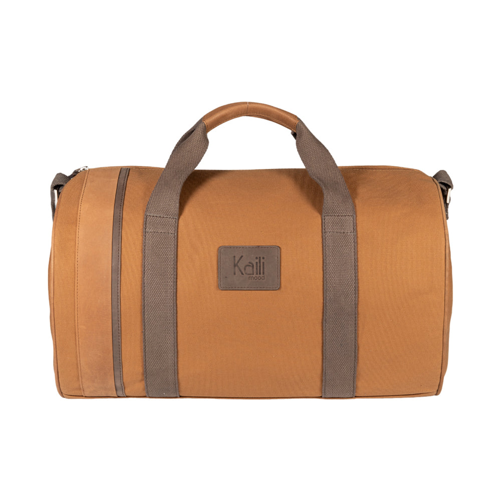 K2006UB | 100% Cotton Canvas Travel Duffle Bag /Wild Leather, full grain, Naked - Leather color, zipper closure. Size: 45 x 25 x 28 cm - Package: Tnt bag