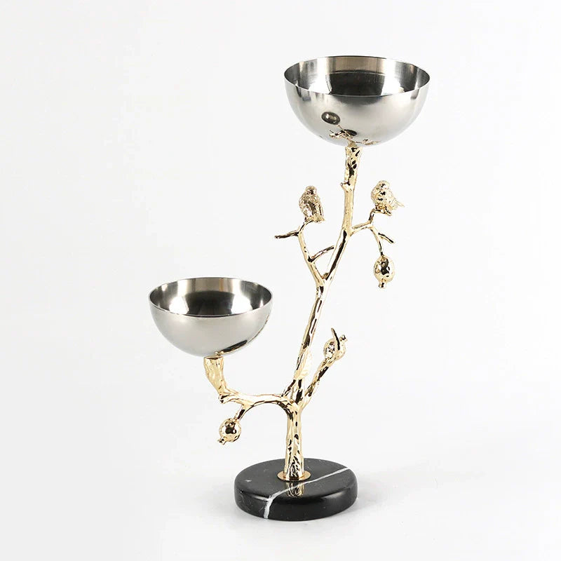 Luxury Bird Branch Decorative Bowl Stand – Dual Stainless Steel Bowls with Golden Tree Design