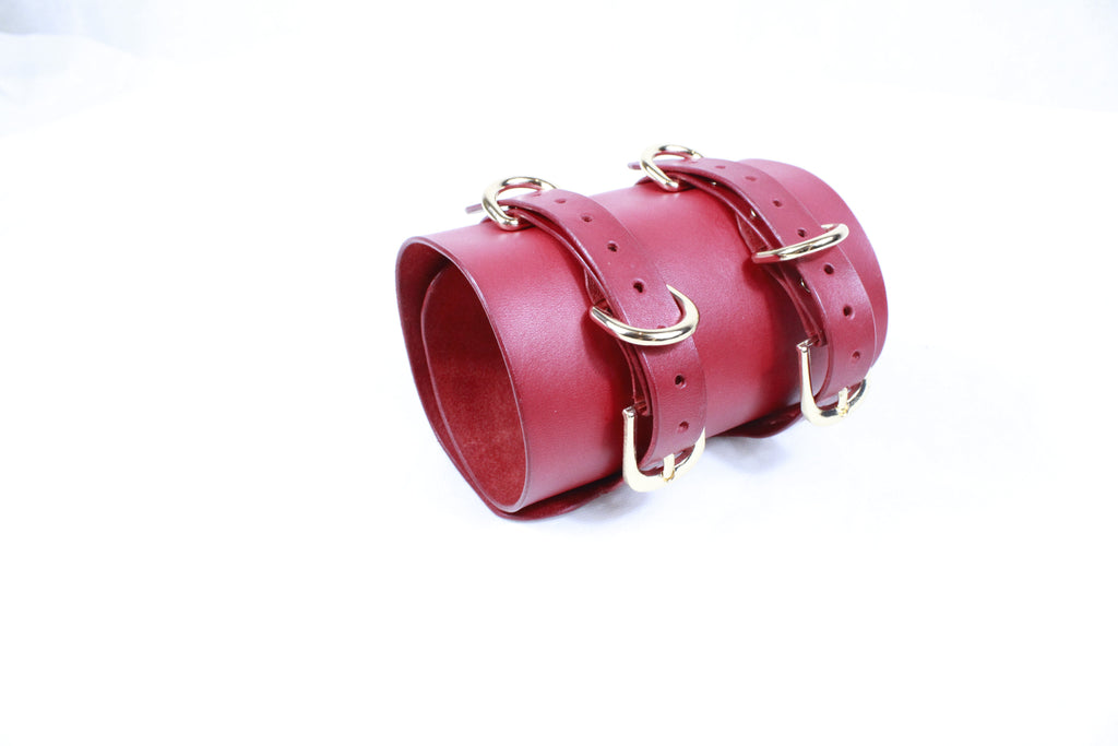 Bondage Cuffs Wide Red Leather Submissive Wrist Restraints BDSM