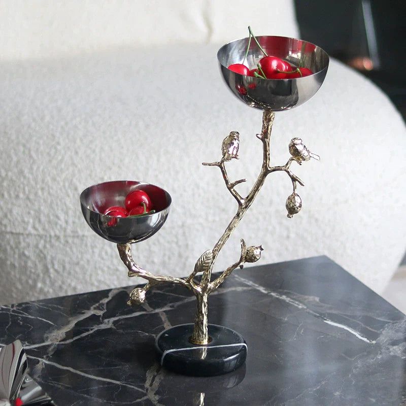 Luxury Bird Branch Decorative Bowl Stand – Dual Stainless Steel Bowls with Golden Tree Design