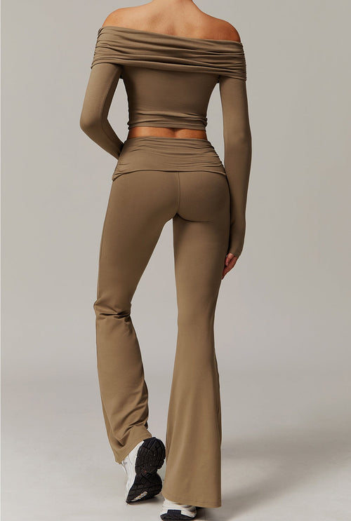 Brushed Foldover High-Waist Ruched Flared Yoga Pants